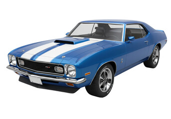 Naklejka premium Isolated blue 1970s muscle car with white racing stripes sitting alone in studio lighting