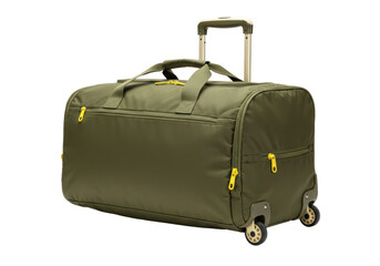 Isolated olive duffel bag with wheels and telescoping handle for travel, shopping