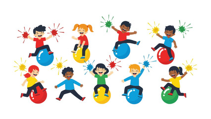 Joyful Jumping Kids: A vibrant scene of diverse children bouncing on colorful balls, exuding boundless energy and glee through playful motion.