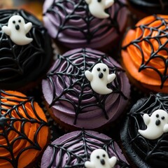 Close Up Halloween Cupcakes with Ghost and Spiderweb Icing Decorations