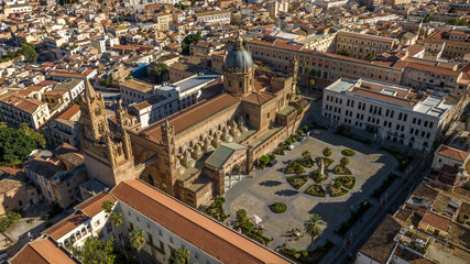 Obraz premium Aerial view of Palermo Cathedral. It is the cathedral church of the Roman Catholic Archdiocese of Palermo, located in Sicily, southern Italy. It is dedicated to the Assumption of the Virgin Mary.