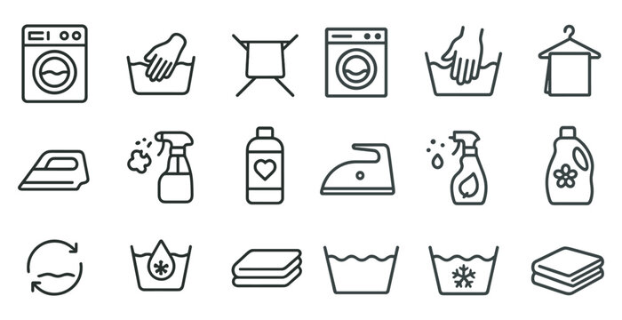 Laundry and fabric care outline icons set &ndash; cleaning, washing, garment symbols.