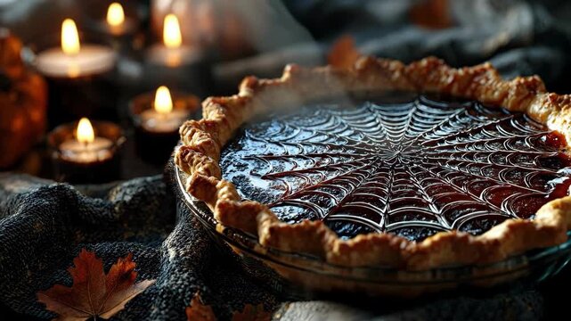 Delicious chocolate Halloween pie with spider web design, autumn leaves and candles. Spooky dessert for holiday celebration. All Hallows Eve, Samhain