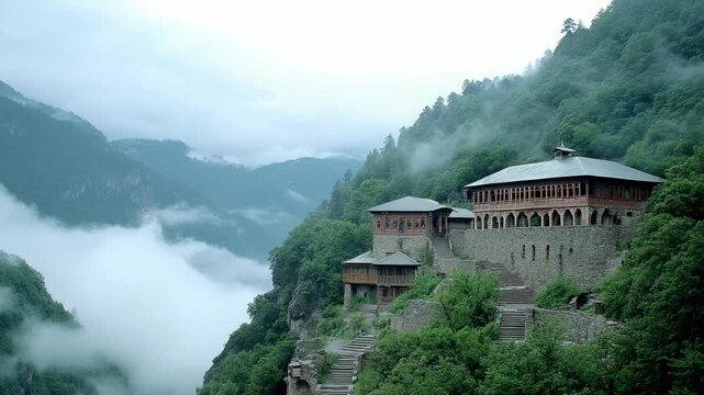 Stone and wood buildings on a misty, forested mountainside above a valley of clouds