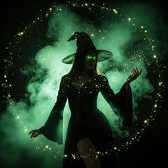Witch Casting Spell in Swirling Green Smoke with Glowing Eyes and Magical Aura