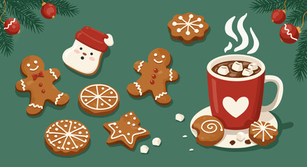 Fototapeta premium Delightful holiday scene with gingerbread cookies, festive ornaments, and steaming cocoa, perfect for sharing warm Christmas cheer and cozy winter vibes