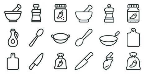 Culinary essentials outline icons set – kitchen, cooking, food preparation symbols