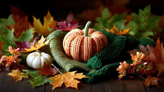 Knitted orange pumpkin and white gourd with green scarf and autumn leaves. Cozy display for Thanksgiving and Halloween. All Hallows Eve, Samhain