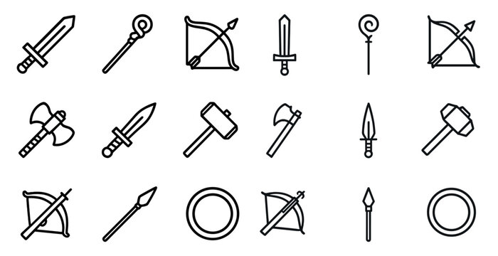 Medieval weapons outline icons set – line, linear, historical armament symbols