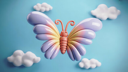 Fototapeta premium Whimsical 3d pastel butterfly with fluffy clouds against a bright blue sky