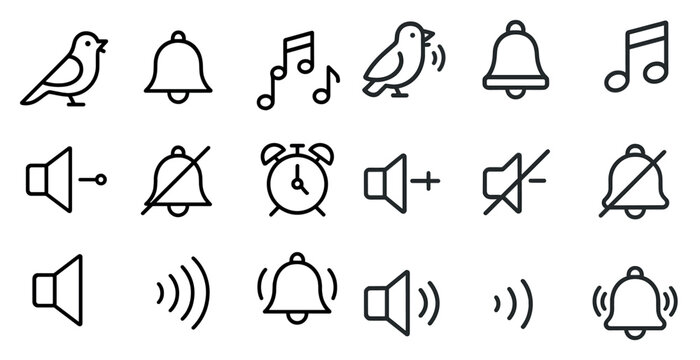 Notification and sound linear icons set &ndash; outline, alert, audio symbols