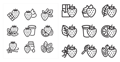 Strawberry outline icons set – linear, line, fruit and dessert symbols