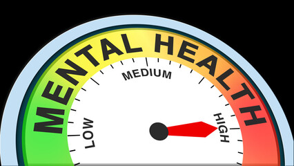 Mental health high, text level concept illustration with barometer or tachometer meter on black background. Suitable for strong mindset, positive emotion, and excellent psychological wellness visuals