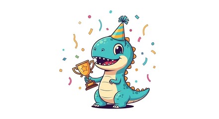 Obraz premium An adorable and sweet cartoon illustration of a light green baby dinosaur cutely holding a golden trophy that has 