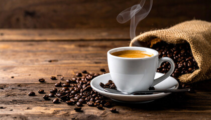 Coffee Cup with Beans on Wood