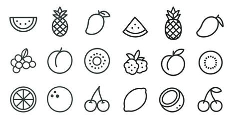 Fruit and food outline icons set – linear, minimal, healthy lifestyle graphics