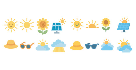 Naklejka premium Solar and nature flat icons set – renewable energy and ecological symbols collection