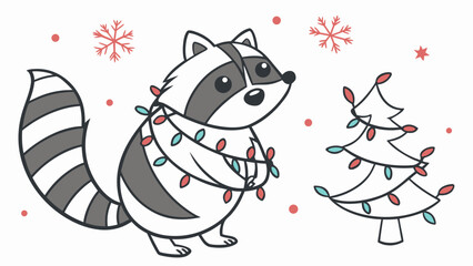 Vector illustration of a Funny Raccoon with wrapped in fairy lights, styled in a Winter theme using Winter Wonderland colors