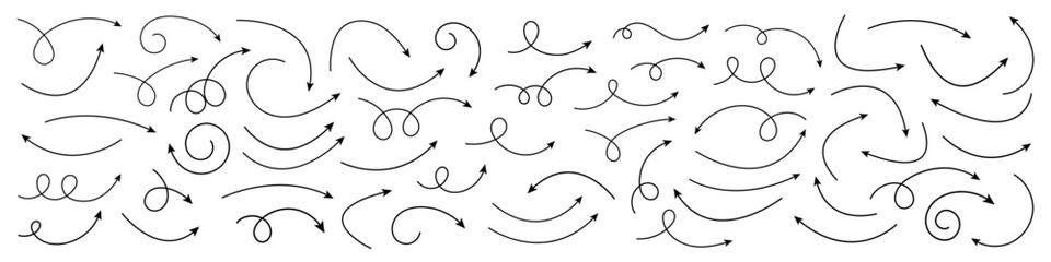 Doodle Arrows Pack – Curved and Twisted Hand-Drawn Arrows Collection, Sketch Style Vector Illustration