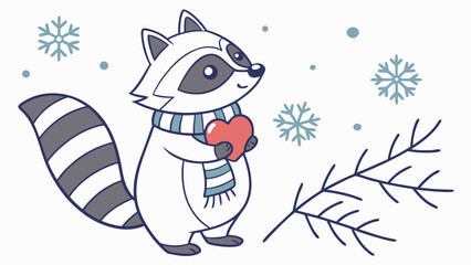 Vector illustration of a Dreamy Raccoon with holding a heart, styled in a Winter theme using Winter Wonderland colors