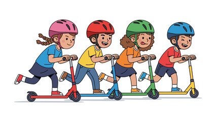 Playful Scooters: A vibrant illustration depicts four energetic children, each on a scooter, revelling in the pure joy of outdoor play. This captures the essence of childhood fun and adventure.