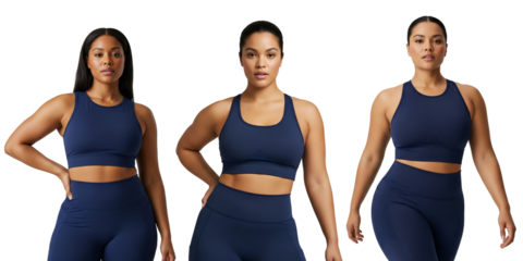 Navy fitness women trio in sports bras, navy activewear leggings set, navy workout apparel models, navy sportswear, Isolated on transparent background, png