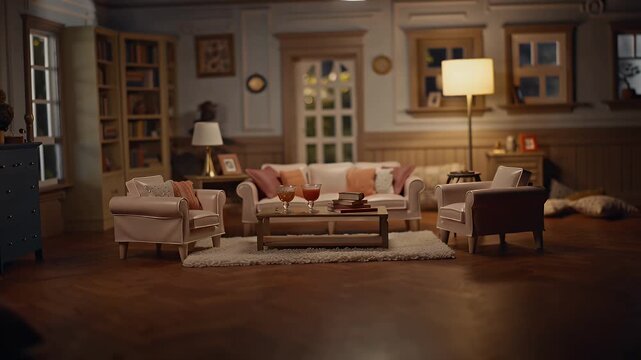 Cozy Classic Living Room Interior with Plush Sofas, Bookshelves, and Warm Lighting