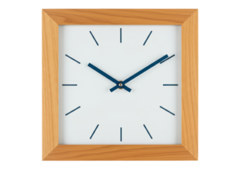Isolated light-wood square clock with minimalist design on pale face, time showing 1012, no shadow