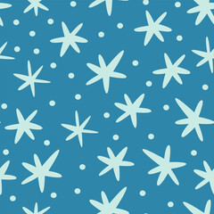 Obraz premium Cheerful seamless vector pattern featuring soft blue stars and dots. Whimsical childlike design ideal for Christmas-themed kids’ products, nursery decor, wrapping paper, and festive backgrounds.