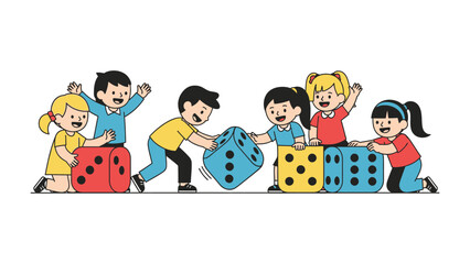 Children's Dice Play: A group of children gleefully interacting with oversized dice, bringing the thrill of games to life.