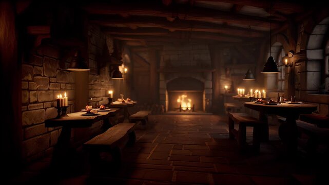 Cozy medieval tavern interior with warm candlelit fireplace and rustic wooden furnishings