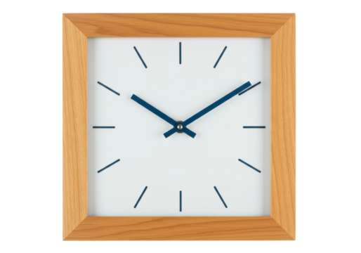 Isolated light-wood square clock with minimalist design on pale face, time showing 1012, no shadow
