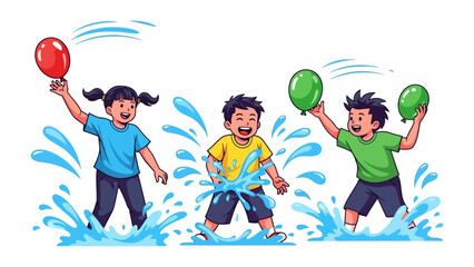 Joyful Summer Splash: A cartoon illustration of three children exuberantly playing in a refreshing splash of water with colorful balloons.