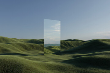 A tall freestanding mirror stands amid rolling grassy hills under a clear sky, reflecting distant landscape and adding surreal minimalism to a tranquil outdoor scene.
