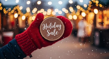 Holiday sale promotion image featuring a red-gloved hand holding a wood slice sign. Perfect for Christmas, Black Friday or winter events marketing campaign.