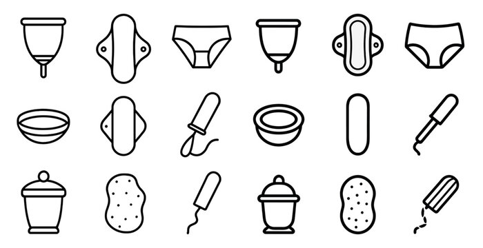 Menstrual health outline icons set &ndash; feminine care, hygiene symbols