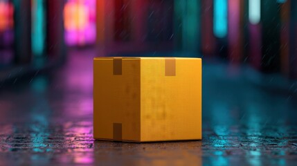 Package arriving home concept, A vibrant golden box sits on a wet street, illuminated by colorful lights in the background.