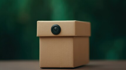 Package arriving home concept, A simple brown box with a black button on a wooden surface against a blurred green background.