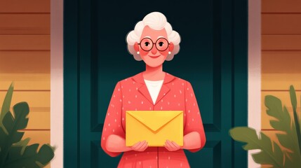 Package arriving home concept, Cheerful elderly woman holding a letter, standing in front of a door surrounded by plants.