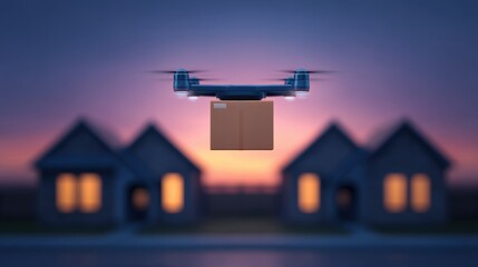 Package arriving home concept, Drone delivering a package at dusk in a suburban setting with houses in the background.