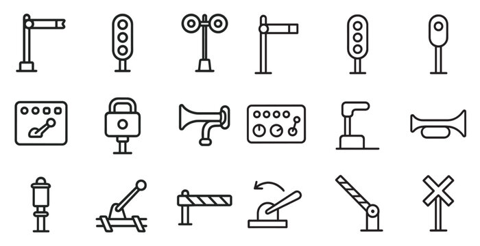 Railway and transportation icons set: outline, linear, transit symbols