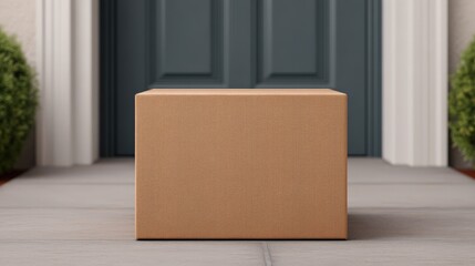 Package arriving home concept, Box placed on a porch with a blue door background and greenery on either side.