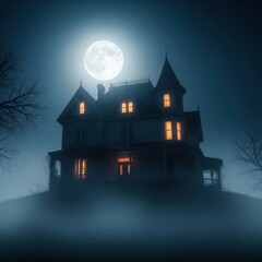 Spooky Victorian Mansion with Full Moon and Mist in Haunted Forest Setting