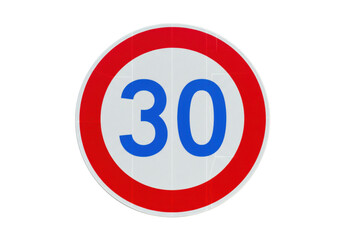 Isolated speed limit road sign indicating thirty in blue numerals with a red circle border