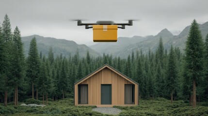 Package arriving home concept, Drone delivering a package above a modern cabin in a forested mountain area.