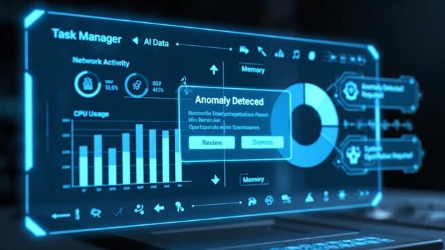 Advanced digital interface showcases real time data analytics, highlighting network activity, CPU usage, and memory statistics while emphasizing anomaly detection for enhanced system performance - Powered by Adobe