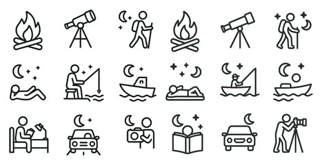 Outdoor adventure icons set in outline – camping, hiking, travel symbols
