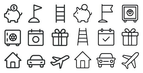 Savings and finance outline icons set – money, banking, wealth symbols