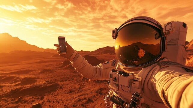 An astronaut takes selfies on Mars during sunset, explores space and photographs futuristic journeys - Powered by Adobe