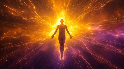 Silhouette of a human figure surrounded by bright golden energy, cosmic light rays. Symbolizing enlightenment, transformation, spiritual awakening. For sci-fi, spirituality, futuristic art, metaphysic